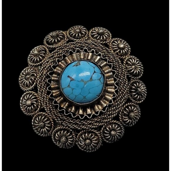 Faux Turquoise Silver Plated Brooch Pendant Blue Glass Filigree Setting Vintage - Picture 1 of 16